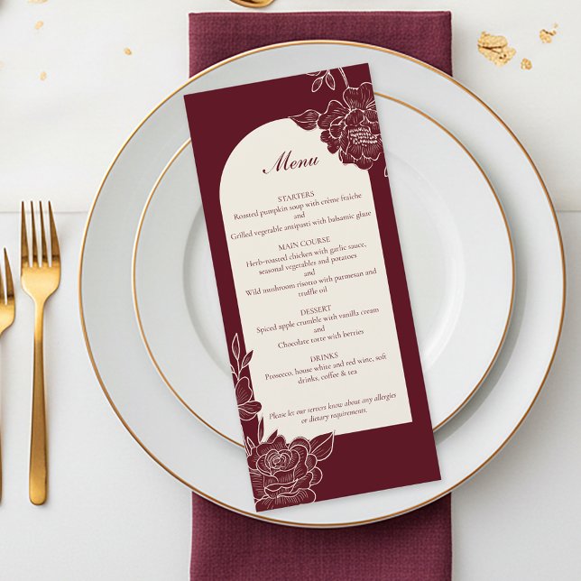Deep Burgundy Floral Ivory Arch Wedding Meny (Deep Burgundy Floral Line Art with Ivory Arch Wedding Menu)