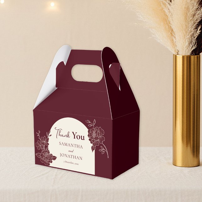 Deep Burgundy Floral Ivory Arch Wedding Thank You Presentaskar (Deep Burgundy Floral Line Art with Ivory Arch Wedding Favor Box)