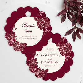 Deep Burgundy Floral Line Art Wedding Gåvor Etiketter