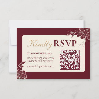 Deep Burgundy Floral Wedding RSVP with QR Code OSA Kort