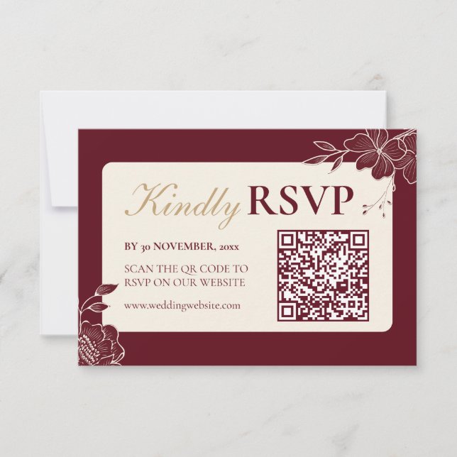 Deep Burgundy Floral Wedding RSVP with QR Code OSA Kort (Framsida)