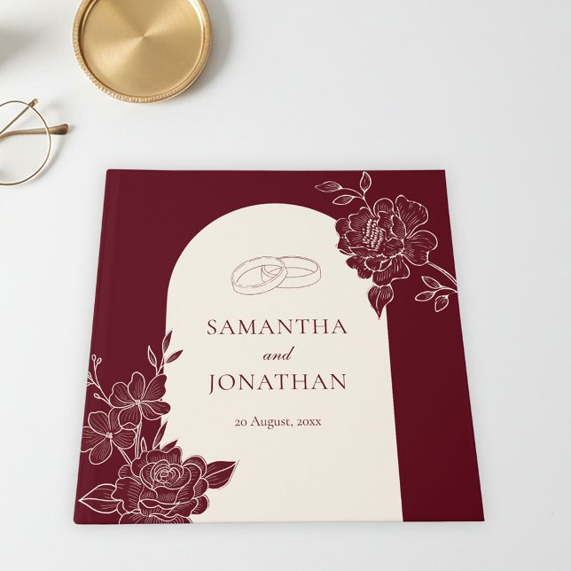 Deep Burgundy Floral with Ivory Arch Wedding Gästböcker (Deep Burgundy Floral Line Art with Ivory Arch Wedding Guest Book)
