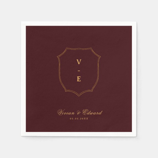 Deep Burgundy & Gold Crest Monogram Winter Wedding Pappersservett (Framsidan)