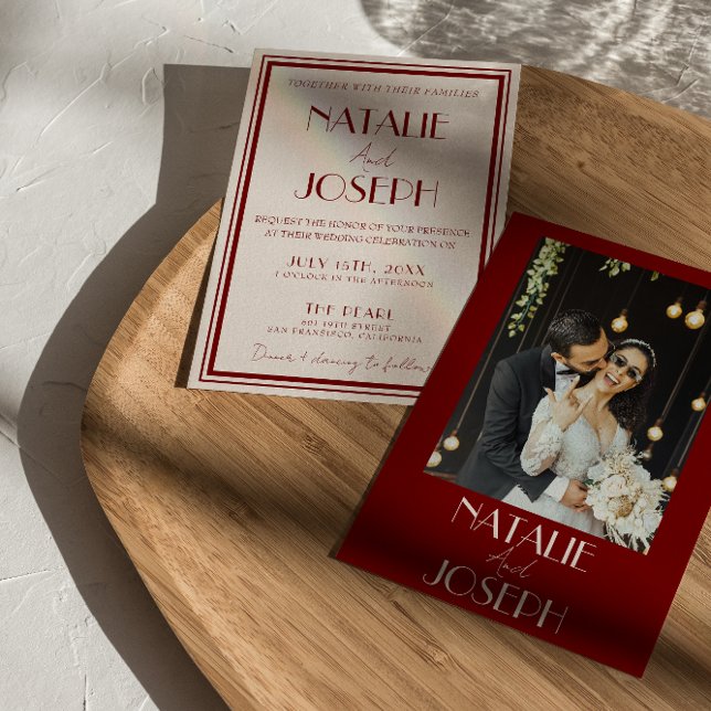 Deep Burgundy Ivory Old Money Retro Photo Wedding Inbjudningar (Skapare uppladdad)