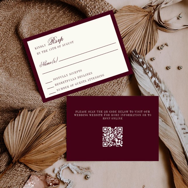 Deep Burgundy Ivory QR Code Wedding RSVP Card OSA Kort (Skapare uppladdad)