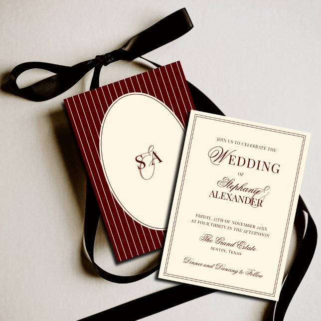 Deep Burgundy Ivory Stripe Oval Old Money Wedding  Inbjudningar (Skapare uppladdad)