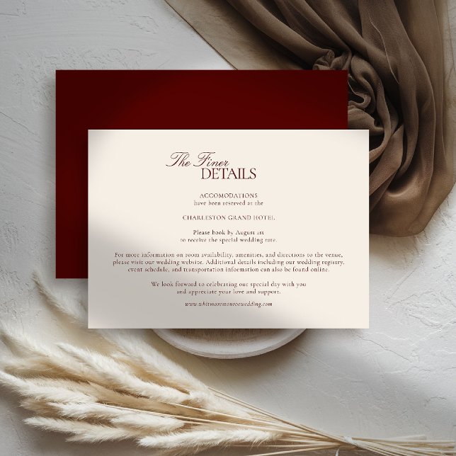 Deep Burgundy Modern Classic Formal Estate Wedding Tilläggskort (deep burgundy wedding details quiet luxury old money formal modern classic estate royal stately)