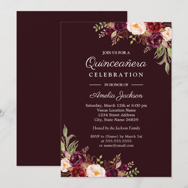 Deep Burgundy Red Blommigt Quinceanera-inbjudan Inbjudningar (Fram/baksida)