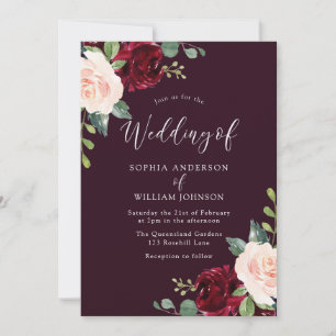 Deep Burgundy Watercolor Blommigt Bröllop Inbjudningar