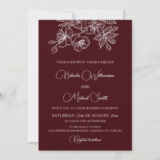 Deep Burgundy White Floral Line Art | Wedding Inbjudningar (Framsida)