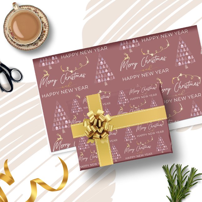 Deep Crimson Doodle Julgran Reindeer Stars Presentpapper (Deep Crimson Doodle Christmas Tree Reindeer Stars Wrapping Paper)