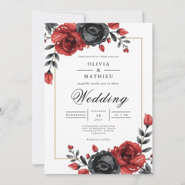 Deep Crimson Ro Botanical Bröllop Inbjudningar (Framsida)