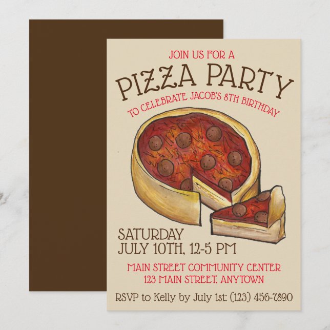 Deep Dish Pepperoni Pizza Paj Födelsedagsfest Inbjudningar (Fram/baksida)