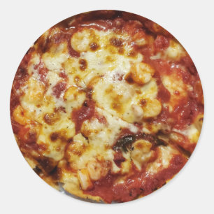 Deep Dish Shrimp och Cheese Pizza Food Runt Klistermärke