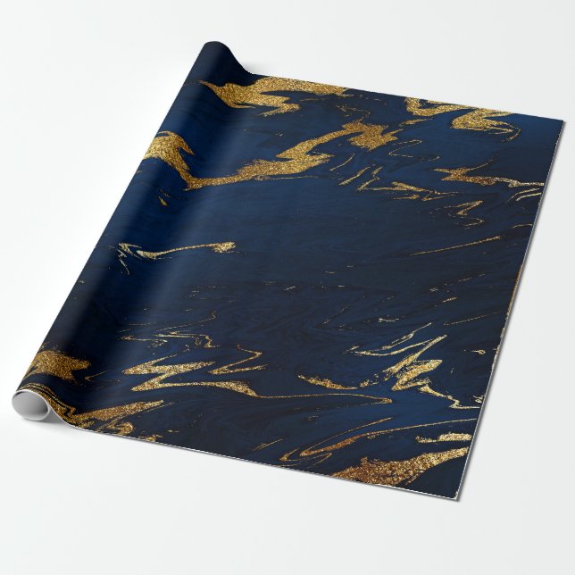 Deep Earth Guld Marble Blue Navy Presentpapper (Utrullad)