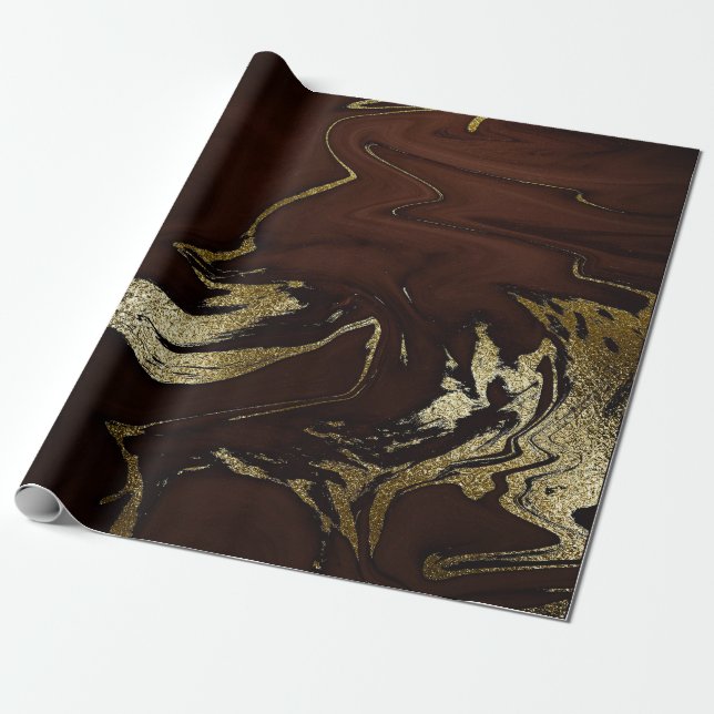 Deep Earth Guld Marble Brown Abstrakt Presentpapper (Utrullad)