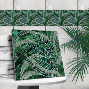 Deep Emerald and Pearl Mosaic Löv Art Kakelplatta