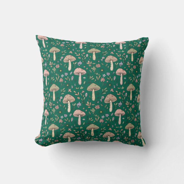 Deep Emerald Fungi Seamless Pattern Jewel Tone Kudde (Framsida)