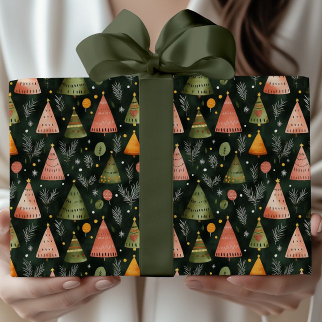 Deep Forest Green Nordic Christmas Tree Pattern Presentpapper (Skapare uppladdad)