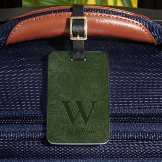 Deep Forest Grönt Cow Leather Struktur Monogrammad Bagagebricka (Framsida Insitu 2)