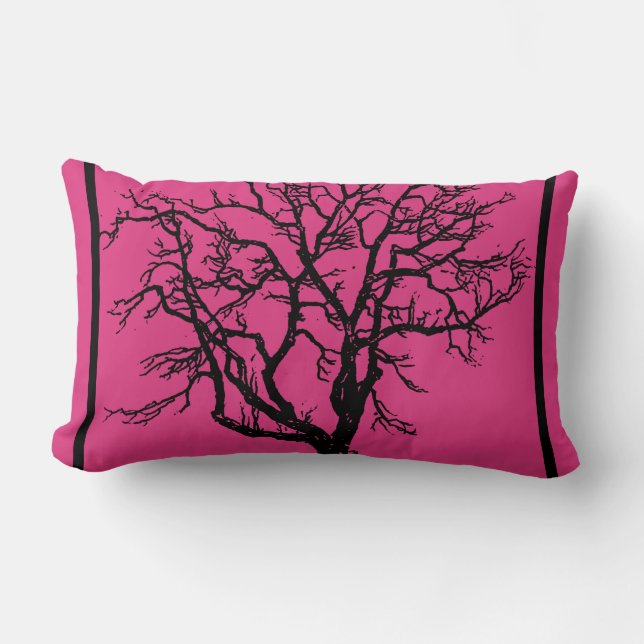 Deep Fuschia Pillow med Black Träd Silhouette Lumbarkudde (Framsida)