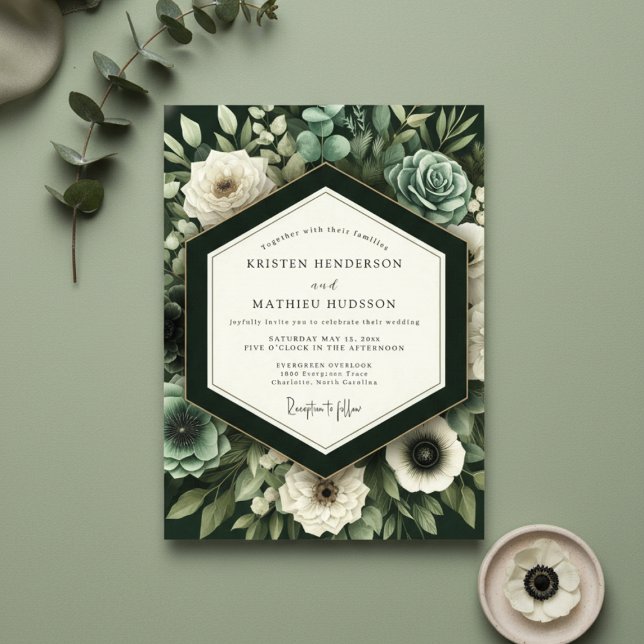 Deep Green Botanical Romance Wedding Inbjudningar (Skapare uppladdad)