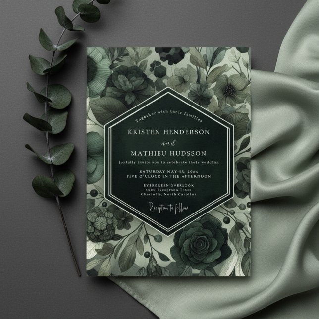 Deep Green Moody Floral Wedding Inbjudningar (Skapare uppladdad)