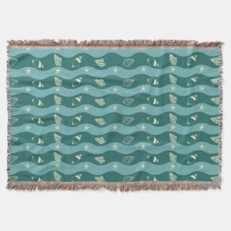 Deep Green Ocean Waves & Seashells Seamless Patter Filt