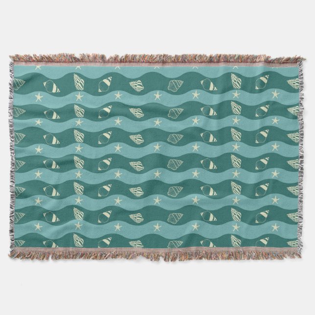 Deep Green Ocean Waves & Seashells Seamless Patter Filt (Framsidan)