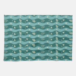 Deep Green Ocean Waves & Seashells Seamless Patter Kökshandduk