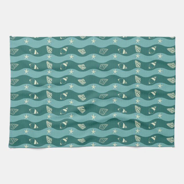 Deep Green Ocean Waves & Seashells Seamless Patter Kökshandduk (Horisontell)