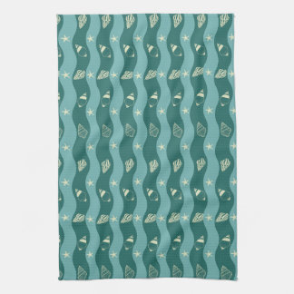 Deep Green Ocean Waves & Seashells Seamless Patter Kökshandduk