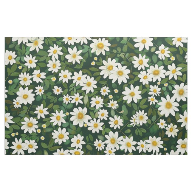 Deep Green Small White Daisies Floral Pattern Tyg (Yard)