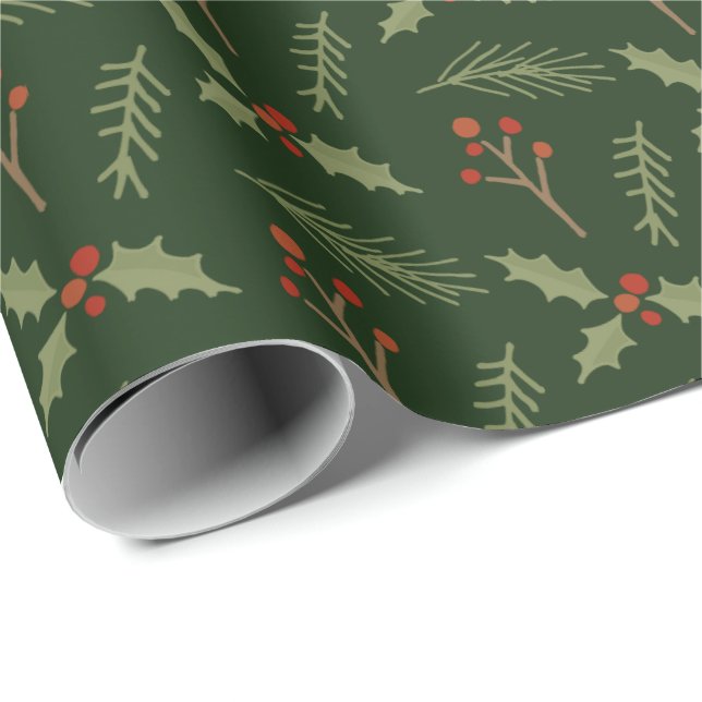 Deep Grönt Botaniska berries Gift Wrap Presentpapper (Rullad Hörn)