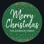 Deep GRÖNT Guld Glitter Konfetti God jul Runt Klistermärke<br><div class="desc">Bilder av kalligrafi-skript i God jul-Helgdag som du vill lägga till i kuvert,  gratulationskort och/eller presenter. Gröntens bakgrund (kan ändras till vilken färg som helst) färg med faux guld glitter konetti. Perfekt för alla helgdag tillfälle. Redigerbara malletiketter.</div>