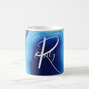 Deep Indigo Agate Marble Abstrakt Namn Monogram Kaffemugg