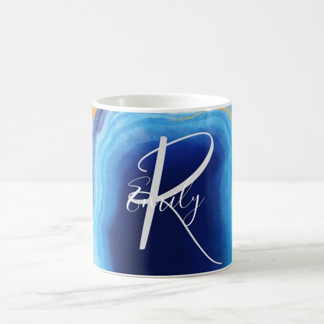 Deep Indigo Agate Marble Abstrakt Namn Monogram Kaffemugg (Center)
