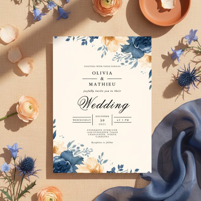 Deep Indigo Blommigt accent Bröllop Inbjudningar (Skapare uppladdad)