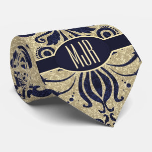 Deep Indigo Blue Swirls och Taupe Damask Monogram Slips