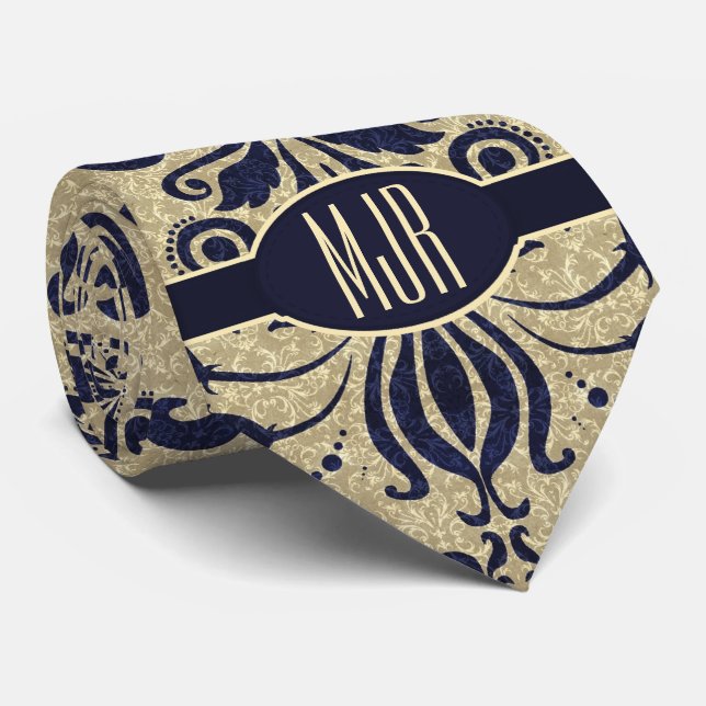 Deep Indigo Blue Swirls och Taupe Damask Monogram Slips (Rullad)