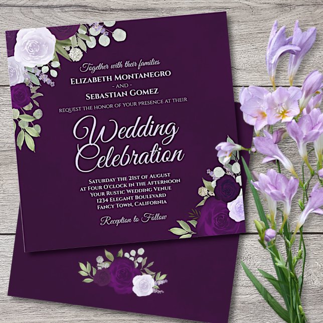 Deep Lila Elegant Lavender & Plum Ro Bröllop Inbjudningar (Skapare uppladdad)
