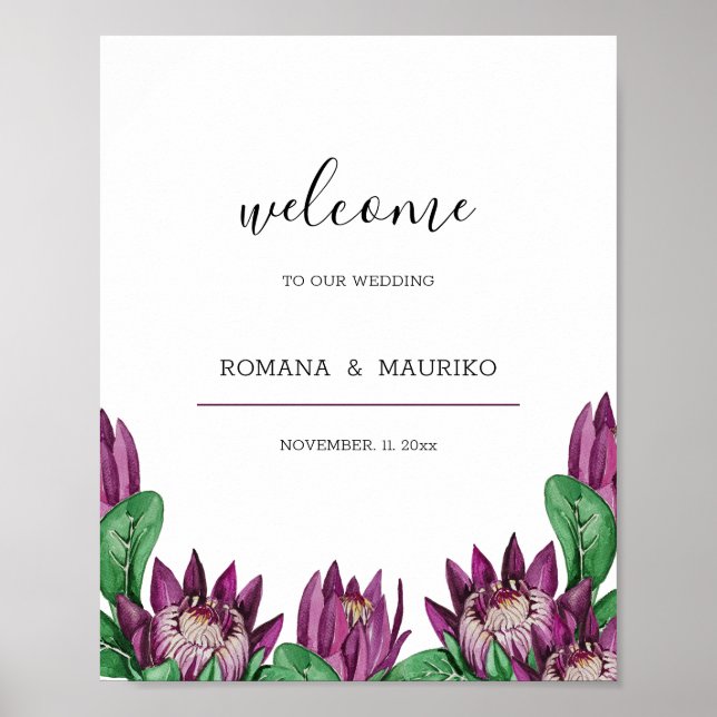 Deep Lila Kung Protea Watercolor Art Poster (Framsidan)