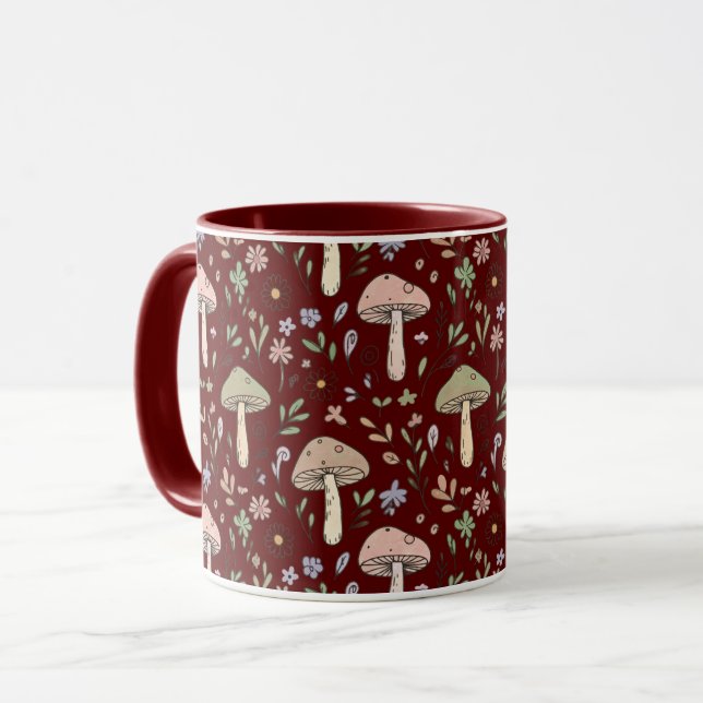 Deep Maroon Fungi Seamless Gothic Dark Academia  Mugg (Framsida vänster)
