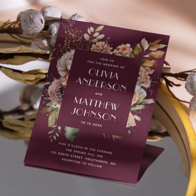 Deep Merlot Bröllop | Blommigt Burgundy Plum QR-ko Inbjudningar (Skapare uppladdad)