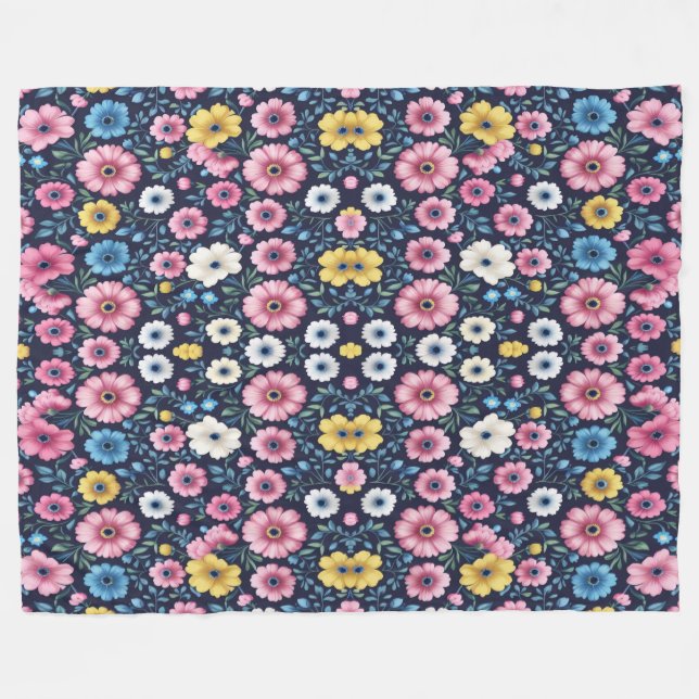 Deep Midnight Blommigt Garden Mönster Sherpa Blank Fleecefilt (Framsidan (Horisontell))