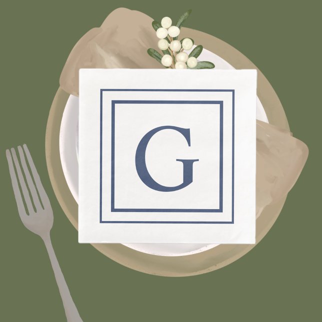 Deep Navy And White Square Border Monogram  Pappersservett (Skapare uppladdad)