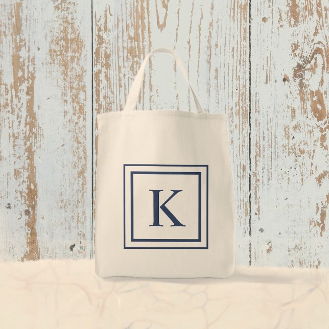 Deep Navy And White Square Border Monogram  Tygkasse (Skapare uppladdad)