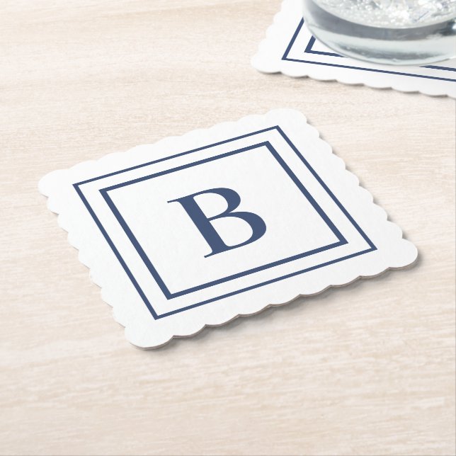 Deep Navy And White Square Border Monogram  Underlägg Papper (Vinklad)