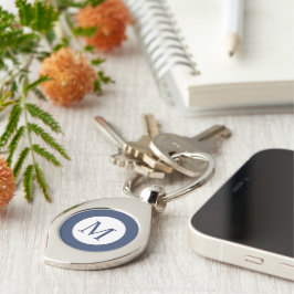 Deep Navy and White Square Gräns Monogram Swirl Silverfärgad Nyckelring