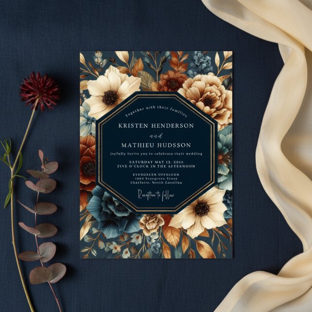 Deep Navy Autumn Bloom Wedding Inbjudningar (Skapare uppladdad)